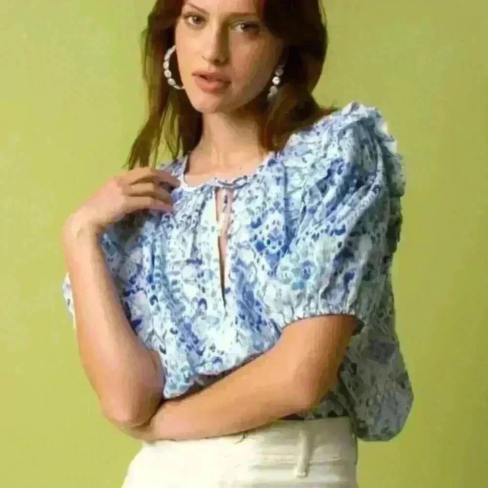 Olivaceous Blue and White Woven Blouse